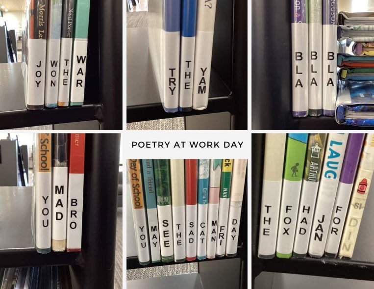 When you decide to get creative with library book spines to make a poem, but it just sounds like a bunch of random words.