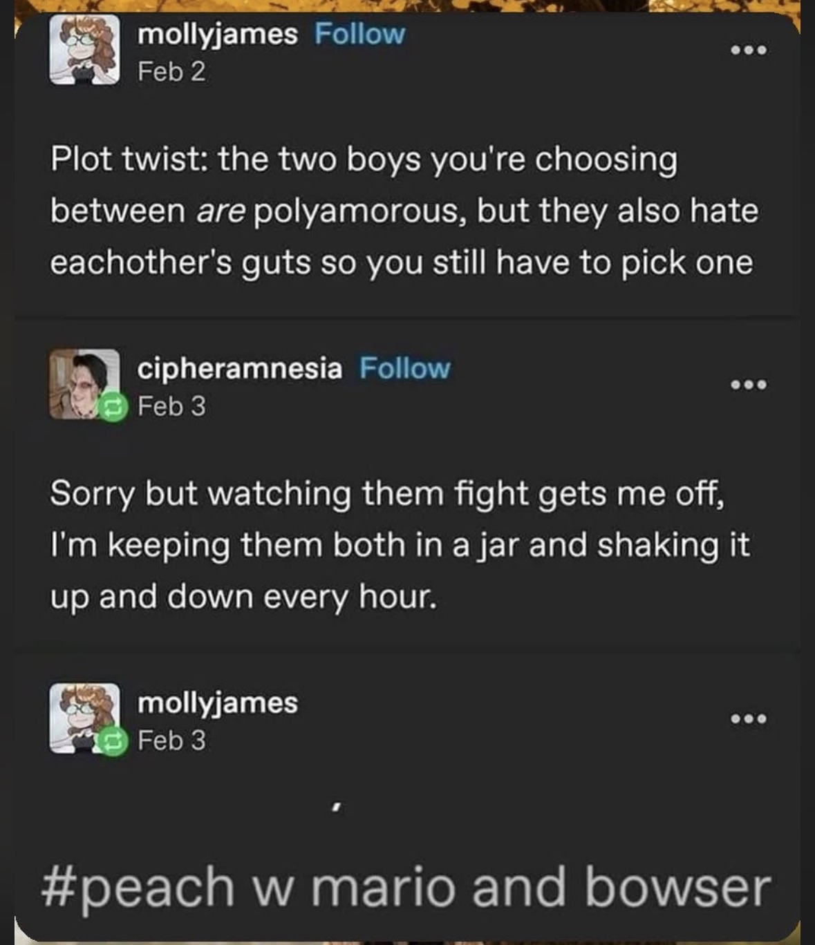 When you're trying to choose between two guys but they're a polyamorous couple who hate each other, so you keep them in a jar to shake.