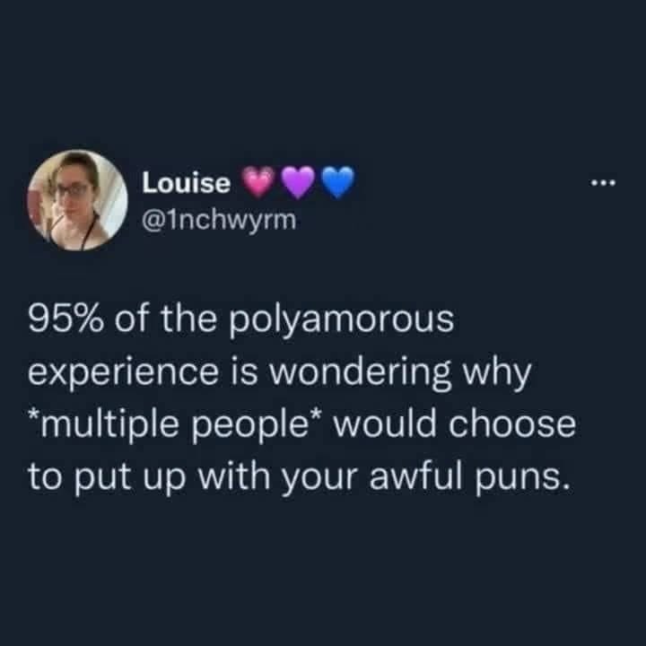 Polyamorous people be like, 'why would anyone put up with my terrible puns?'