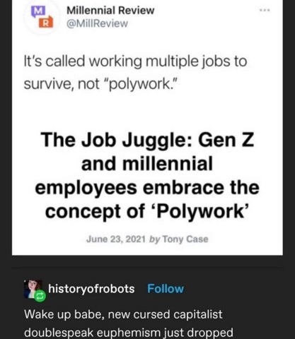 Companies rebranding 'working multiple jobs to survive' as 'polywork' lol