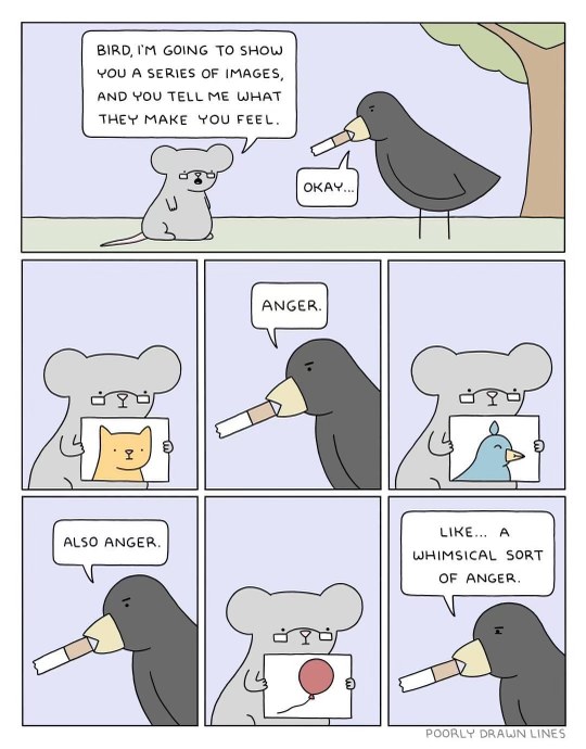 When you present a mouse with a cat and a bird and they say it's all anger, but then you show them a balloon and they call it 'whimsical anger'