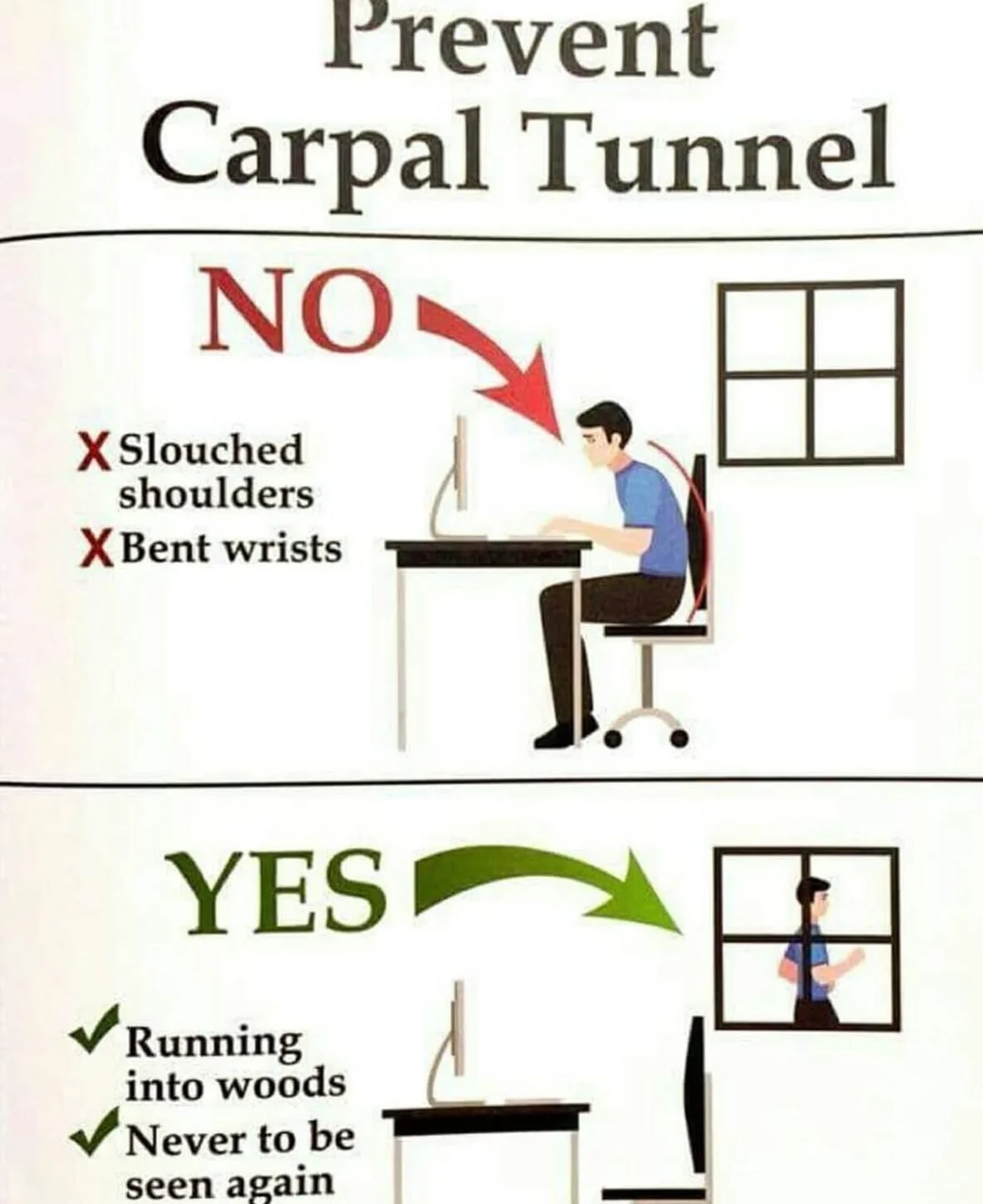 So it turns out the best way to prevent carpal tunnel is to just run away from your problems.