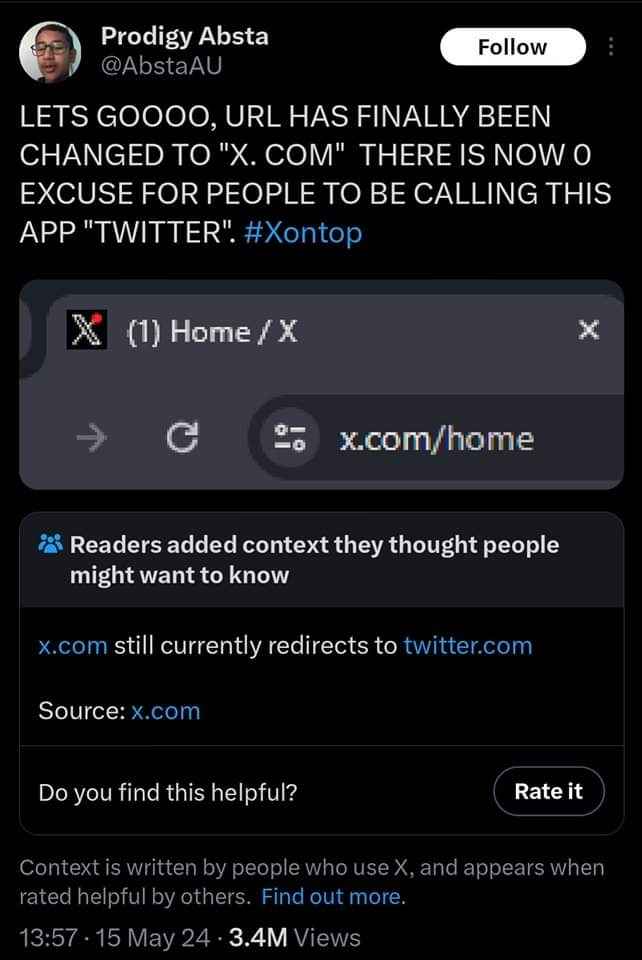 Lmao y'all he really thought x.com redirecting to twitter.com was no longer an issue