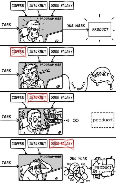 Basically, programmers need coffee, internet, AND a good salary to actually make a product. Take away any one of those and it's either a mess, takes forever, or just becomes bugs