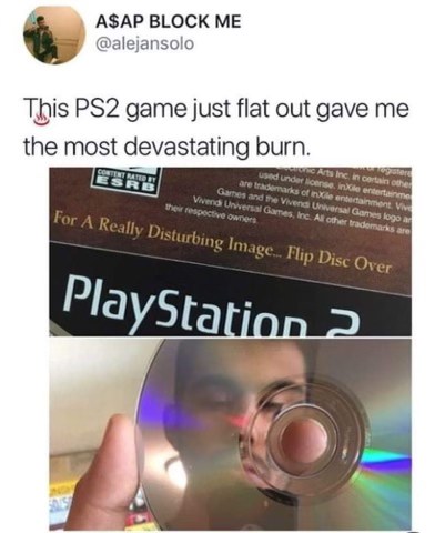 This PS2 game has some serious sass, telling me to flip the disc over for a disturbing image instead of just showing it.