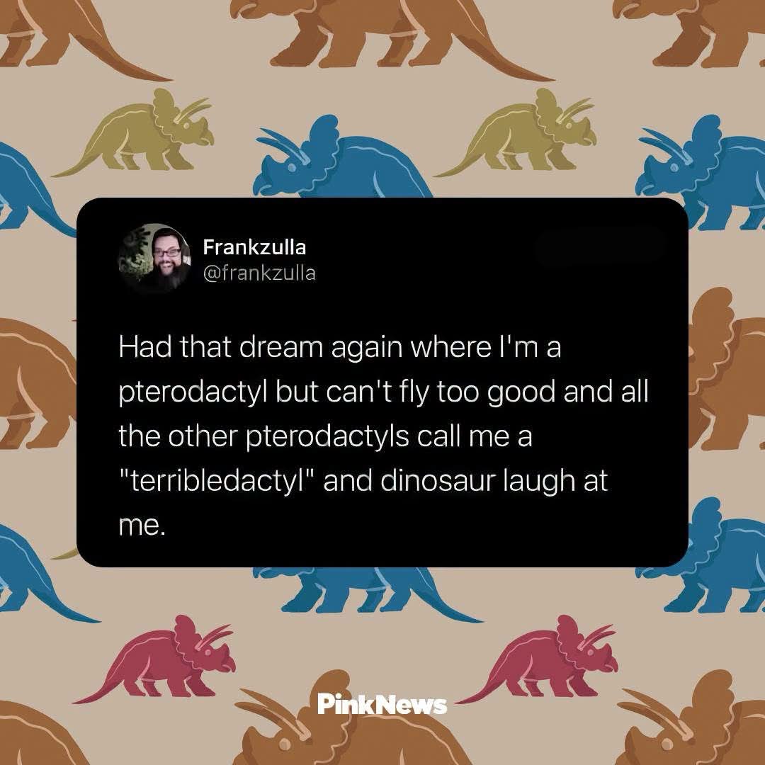 This dude keeps having the same dream where he's a pterodactyl who can't fly, and everyone calls him a 'terribledactyl' lol