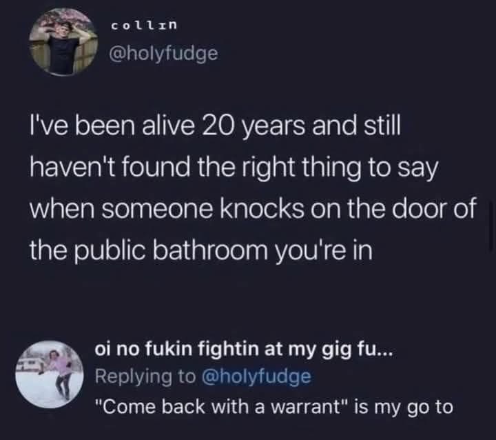 When someone knocks on the public bathroom door and you don't know what to say, just tell them to "come back with a warrant"