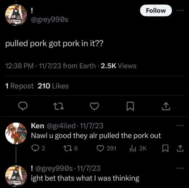 This dude asked if pulled pork has pork in it, and someone replied they already pulled the pork out.