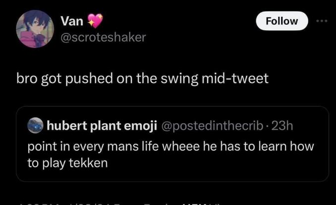 When you get interrupted mid-tweet by someone pushing your swing and then immediately start thinking about Tekken