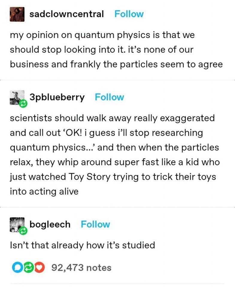 This person thinks we should stop studying quantum physics and the particles are totally on board lol