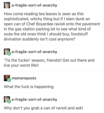 Who needs tea leaves when you have ravioli divination at the gas station?