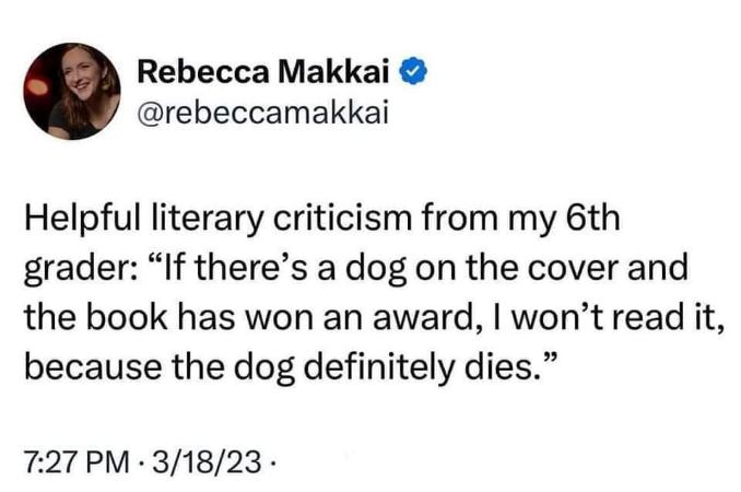 This 6th grader's literary criticism is basically just "If it has a dog on the cover, the dog dies."
