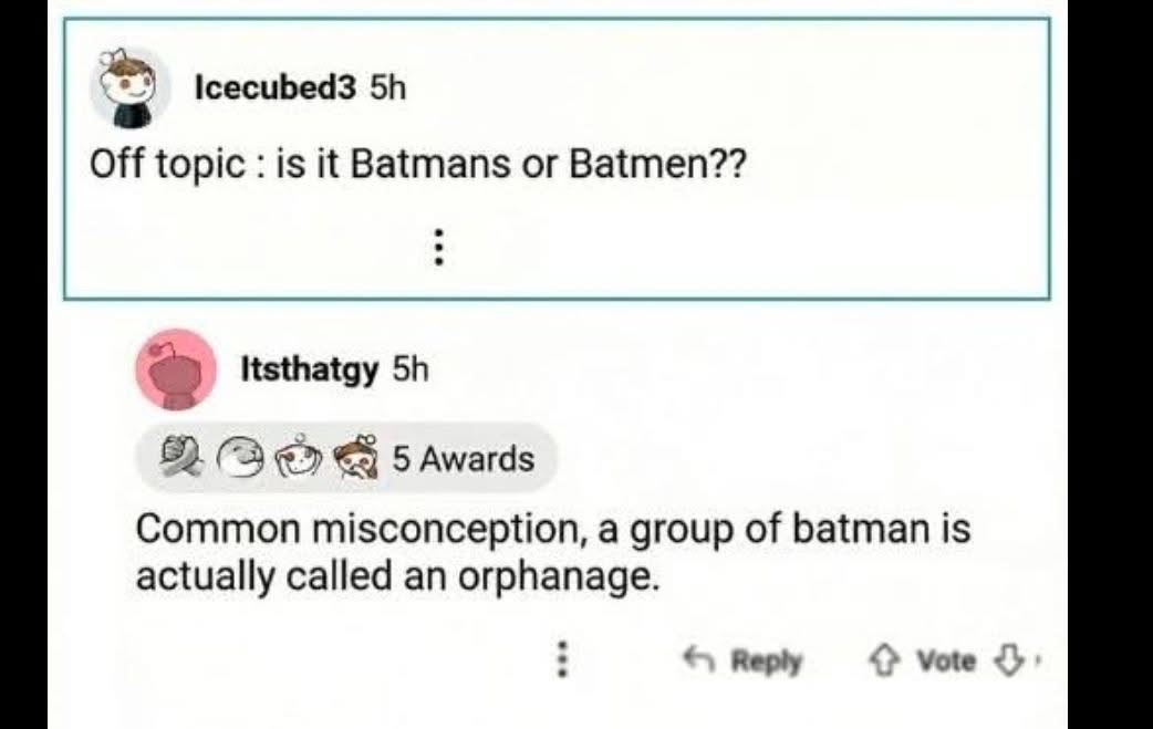 Apparently a group of Batmen is called an orphanage. LOL