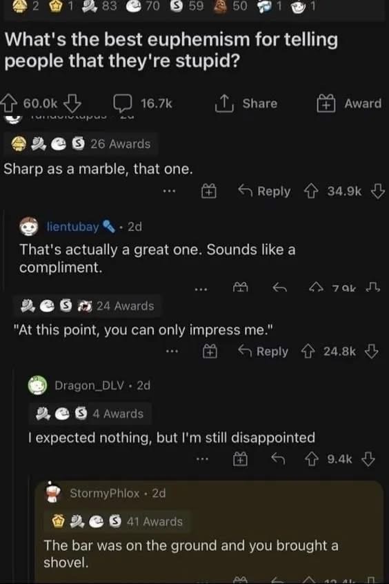 This is a whole thread of people roasting each other with the most creative ways to call someone dumb