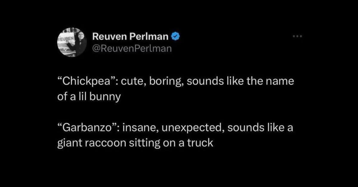 me explaining why garbanzo beans are way cooler than chickpeas