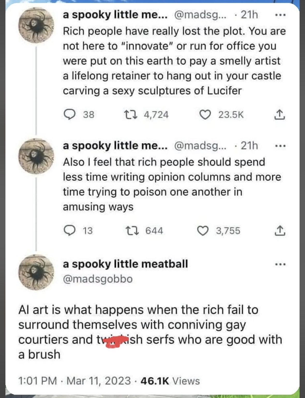 Rich people commissioning AI art as a substitute for actual human connection and artistic talent is such a vibe