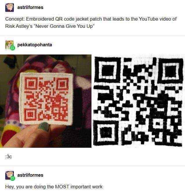 Someone made a QR code patch that Rickrolls you, and I am living for it