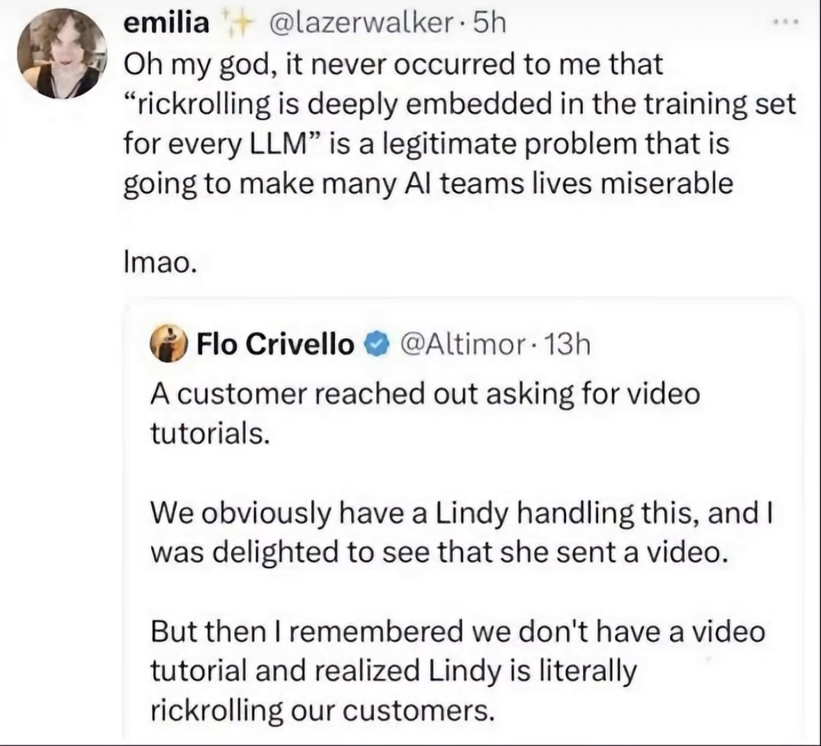 Someone's AI is trained so well it's rickrolling customers instead of giving them video tutorials