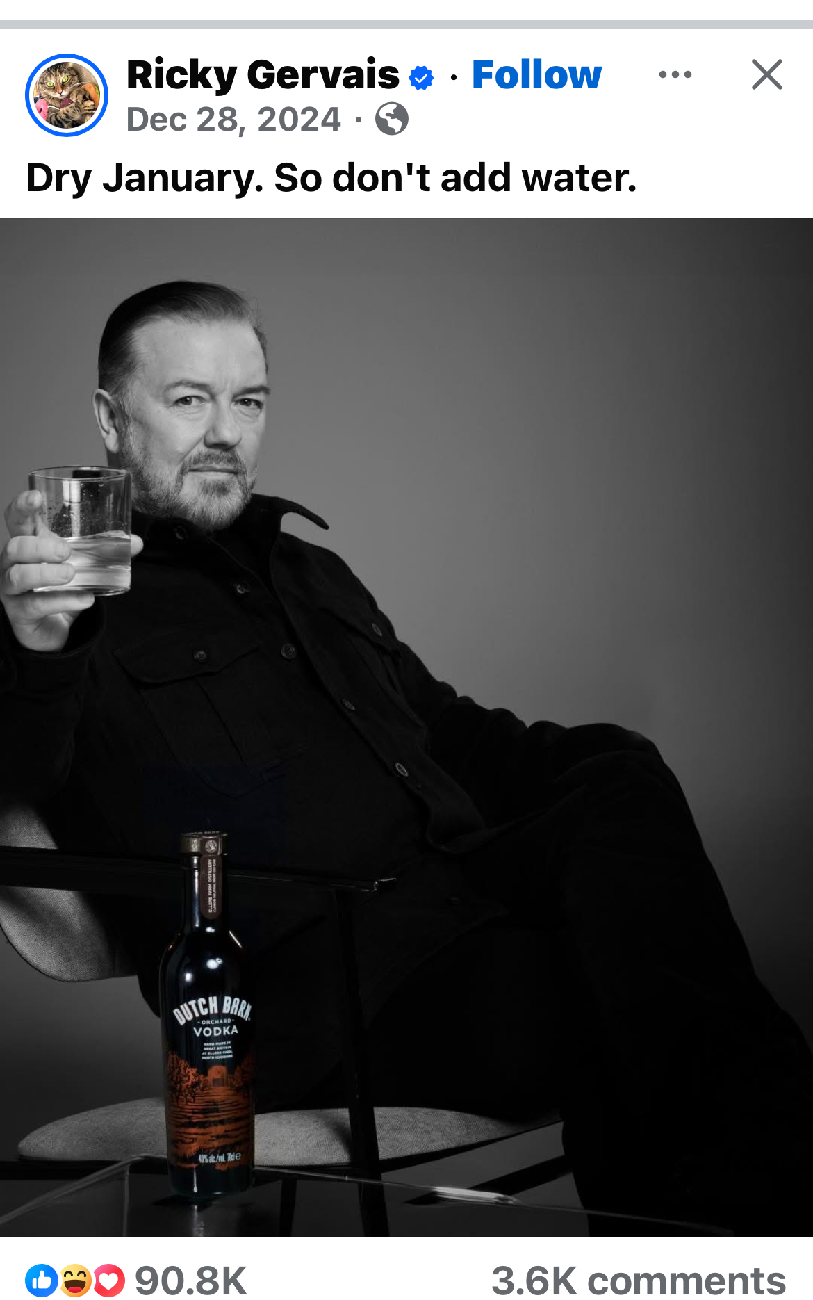 Ricky Gervais is ready for Dry January, which apparently means just drinking vodka.