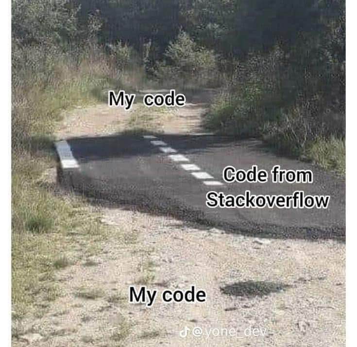 My code is like a dirt path that suddenly turns into a paved road with a dotted line, and then it's just my code again.