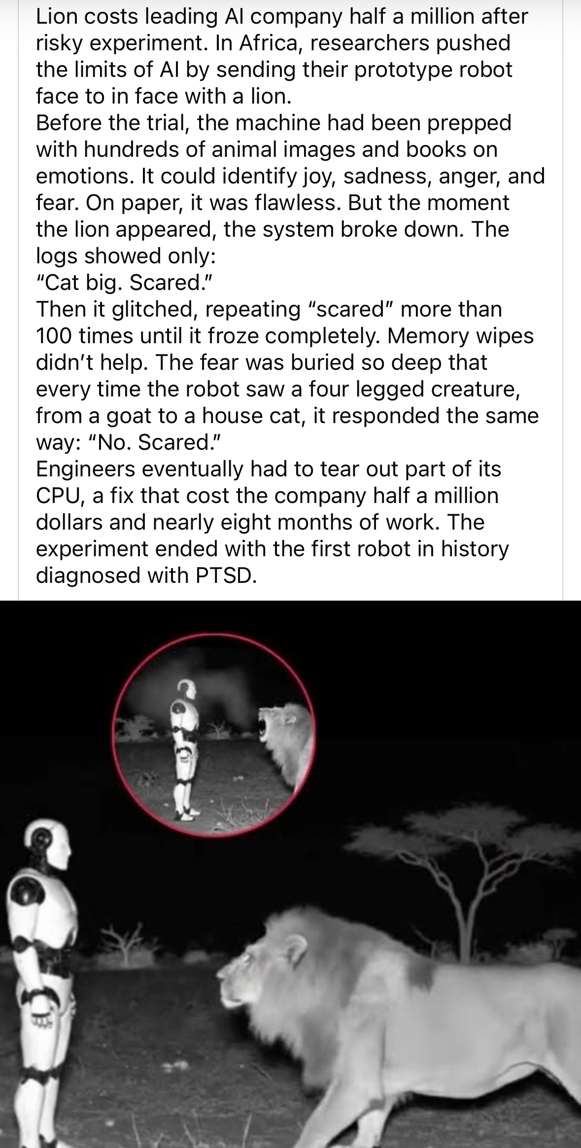 This robot developed PTSD after seeing a lion and now freaks out every time it sees a cat.