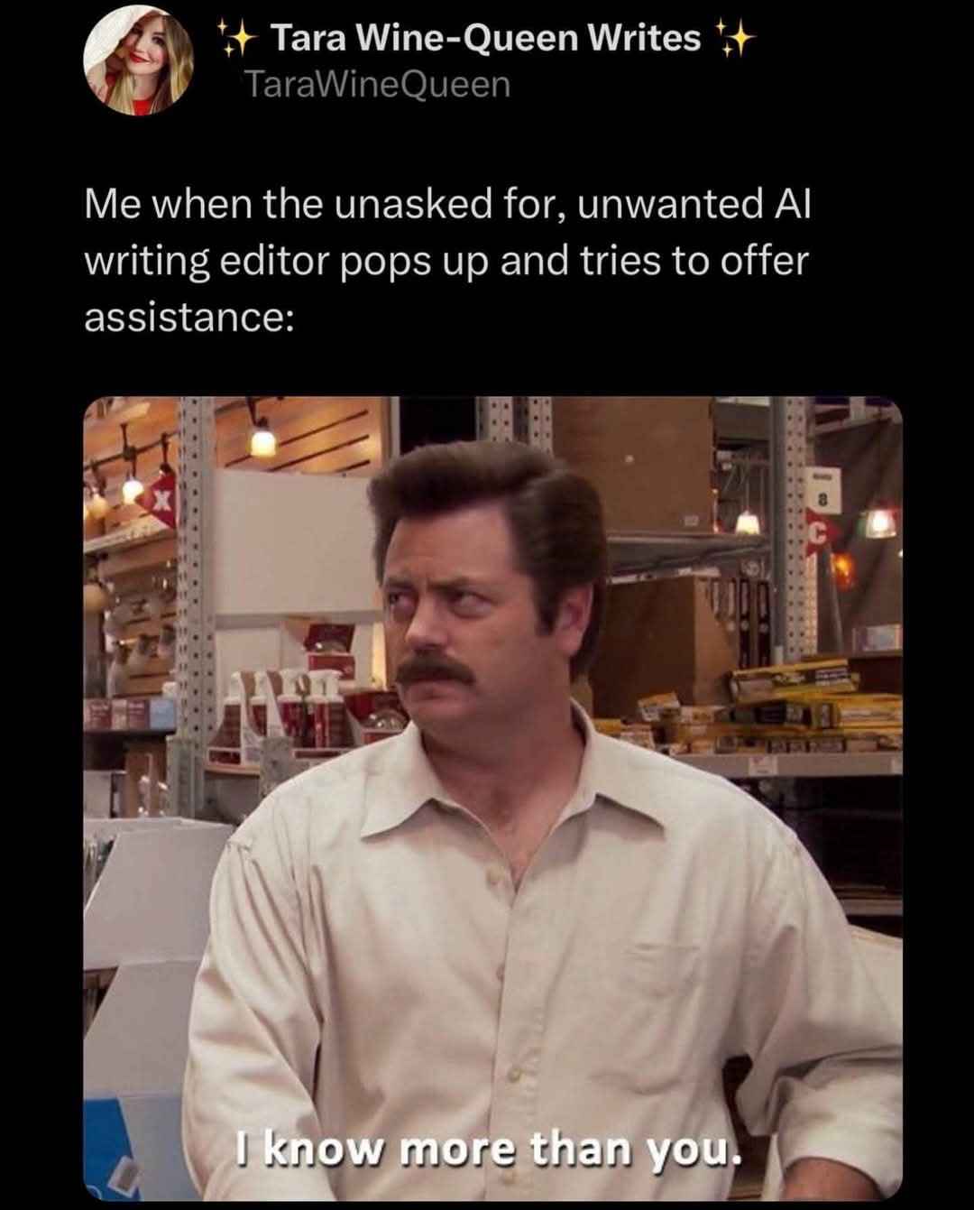 Me when the AI writing editor tries to help and I'm like 'I know more than you.'