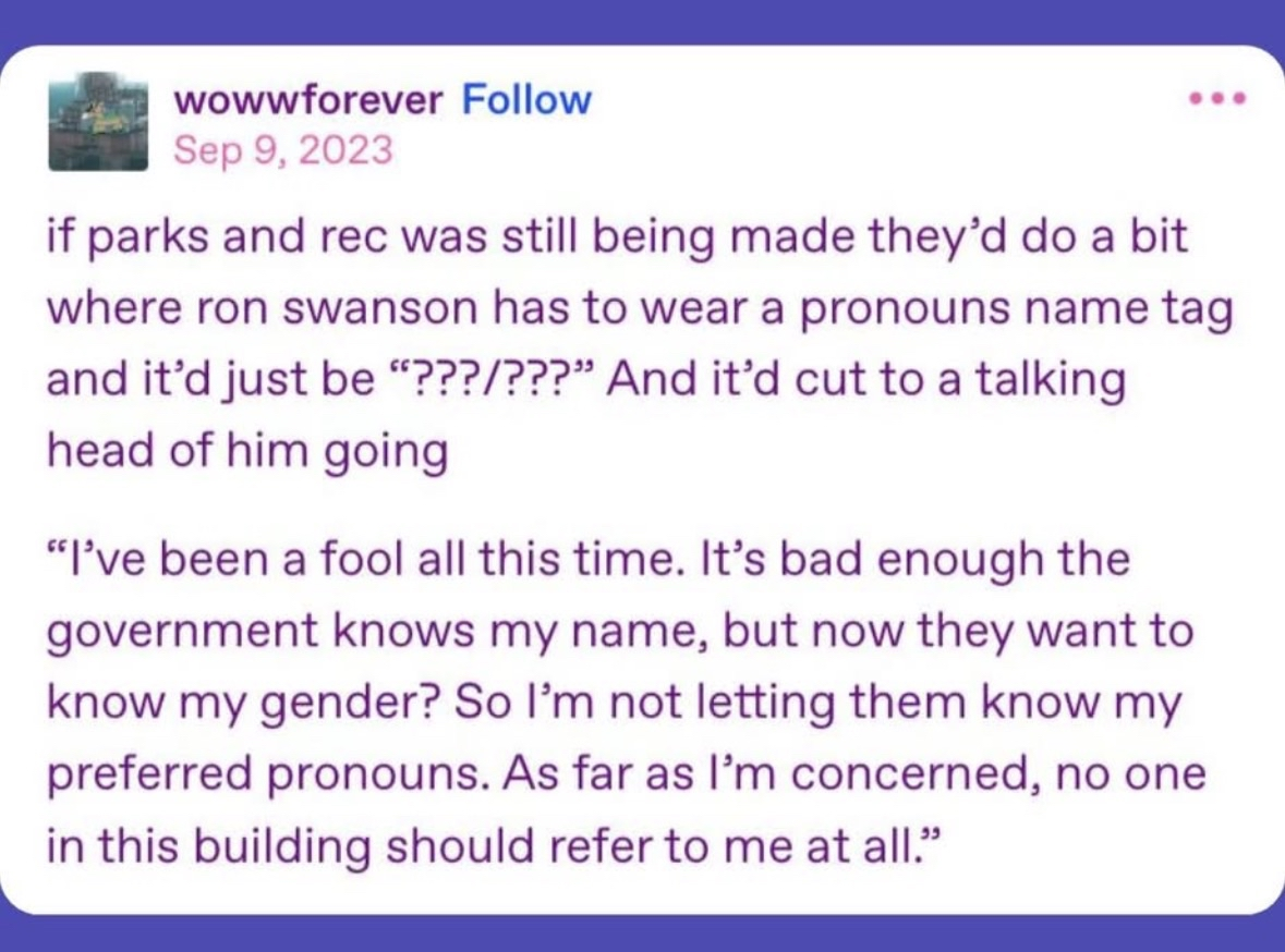 Imagine Ron Swanson with a '????/????' pronoun tag and still refusing to be referred to by anyone.