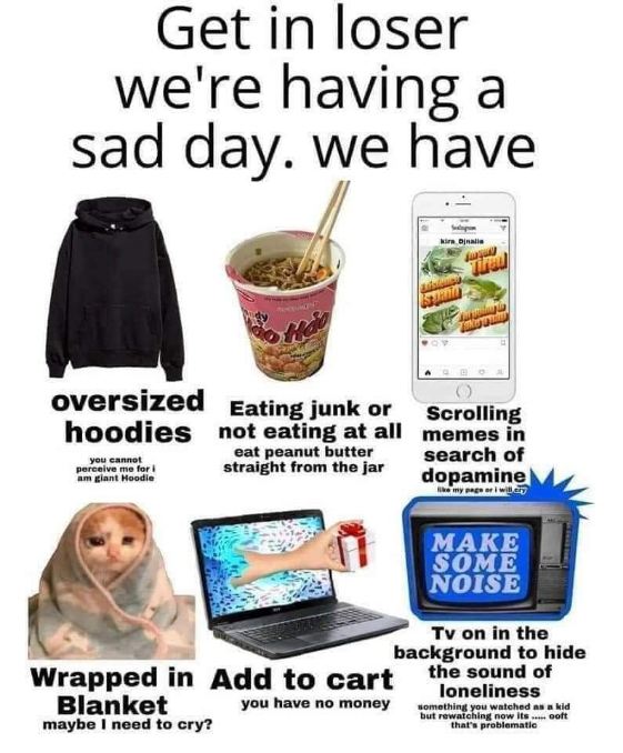 Me when it's a sad day and I'm embracing the 7 stages of grief with snacks and existential dread.