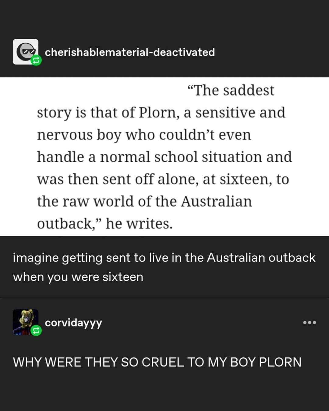 They really sent a sensitive kid to the Australian outback at sixteen? That's wild.