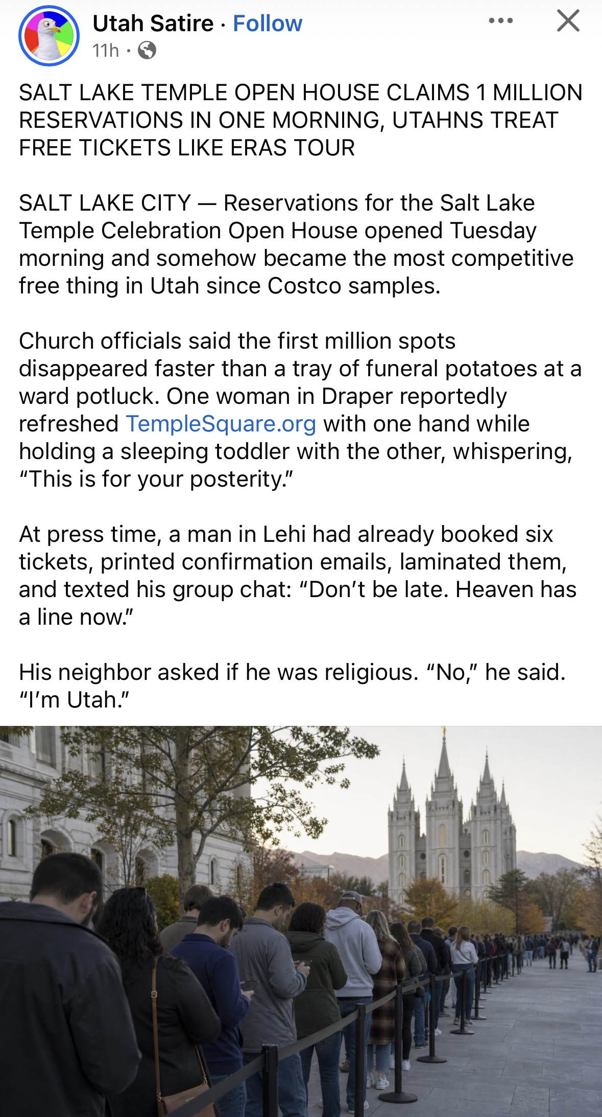 OMG, Utahns are treating the Salt Lake Temple open house like it's Taylor Swift tickets. They're not even religious, they're just Utah.