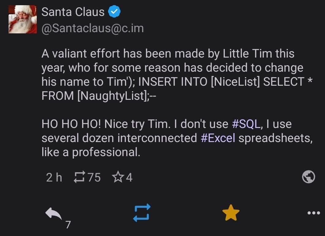 Little Tim tried to hack Santa's naughty list with SQL, but Santa's got him beat with his Excel skills.