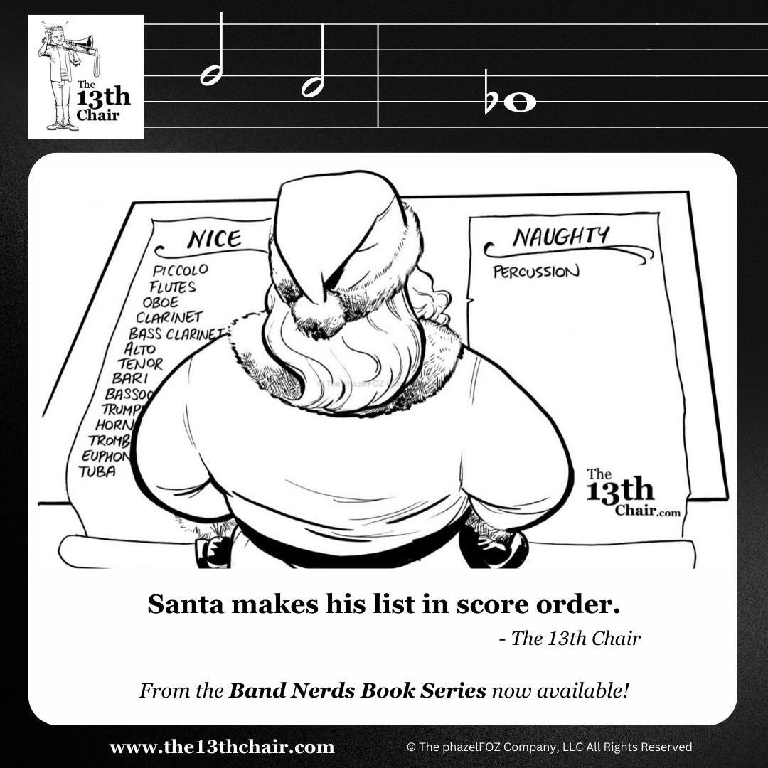 Santa judging band instruments by their part in the score. Percussion is definitely naughty.