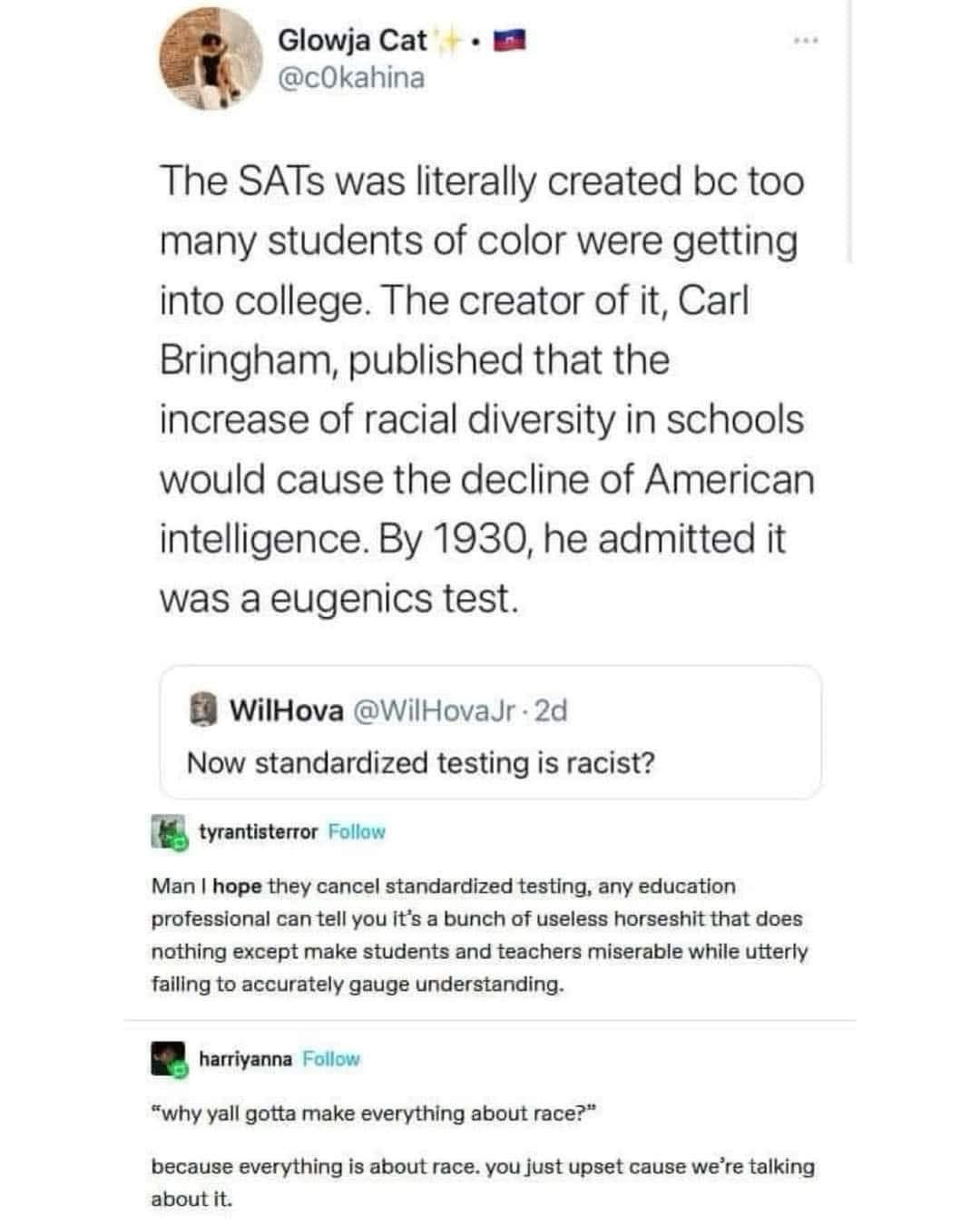 Me realizing the SATs were created as a eugenics test and then someone asks why everything is about race