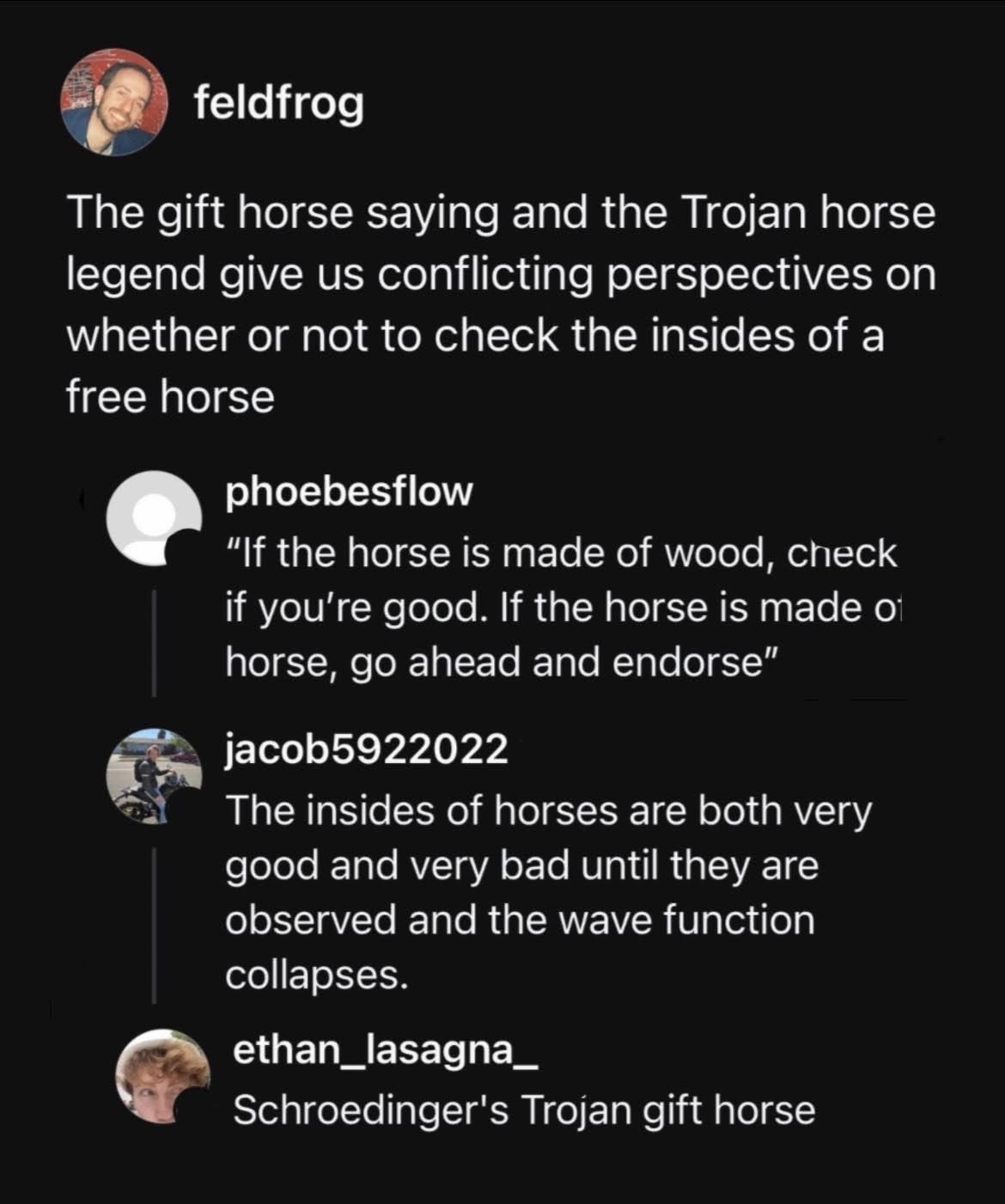 Schrodinger's Trojan gift horse, this is the most confused I've ever been about horse advice