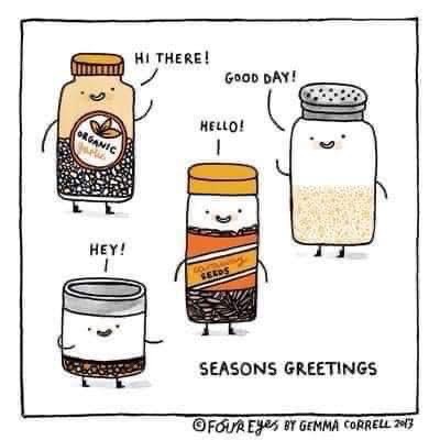 OMG the spice jars saying "SEASONS GREETINGS" get it??