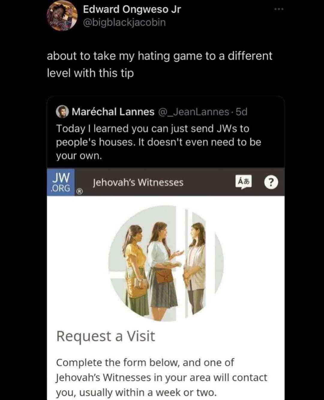 Me being petty and sending JW.org to people I don't like so they get visits