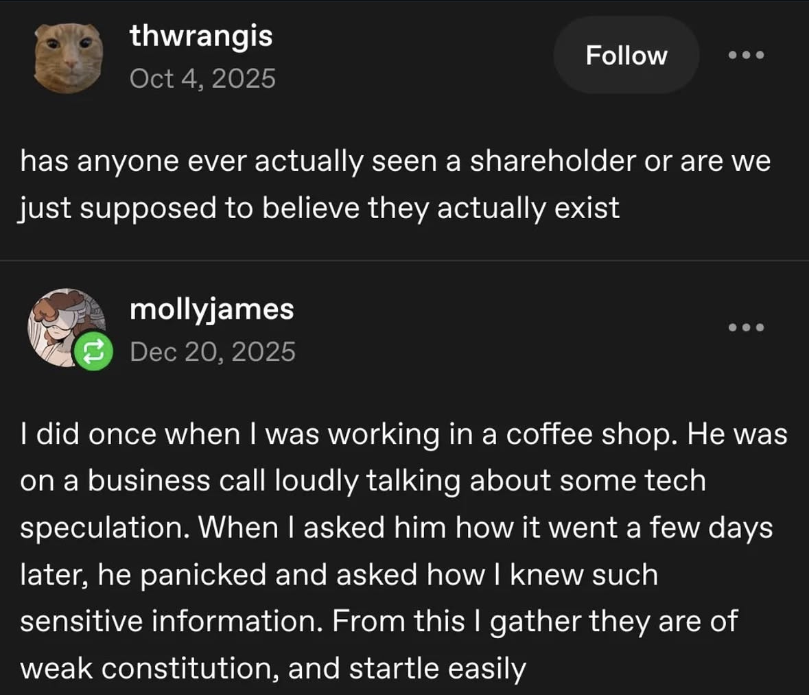 When you ask for proof that shareholders are real and someone has a story about one proving they're basically shy goblins