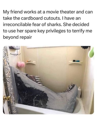Omg my friend from the movie theater put a giant shark in my bathtub to mess with me cuz I'm scared of sharks