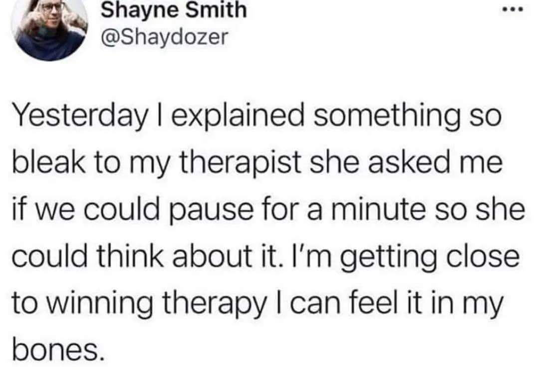My therapist needed a minute to process my problems, pretty sure I'm about to win therapy