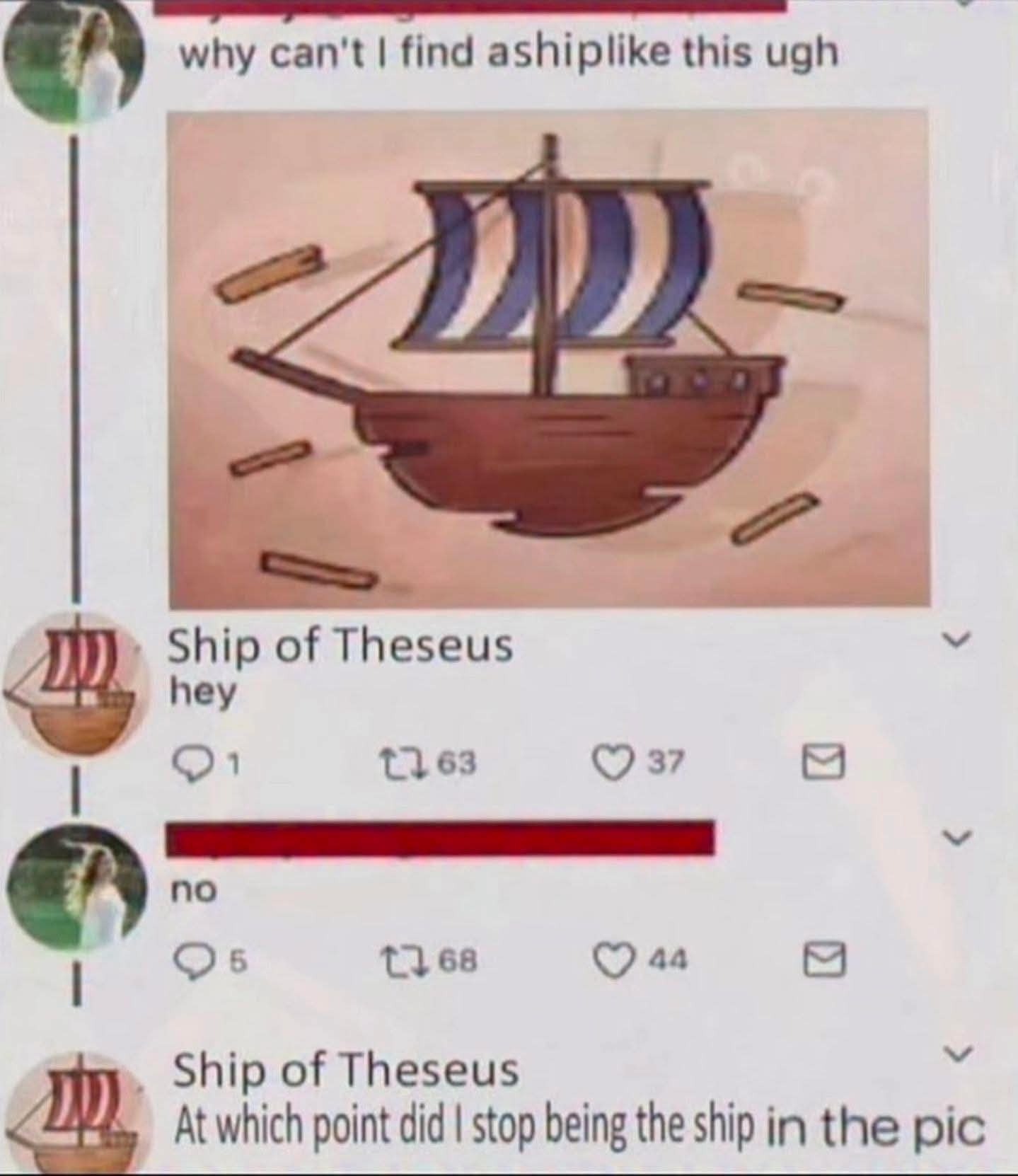 This dude is overthinking the Ship of Theseus paradox in the comments section