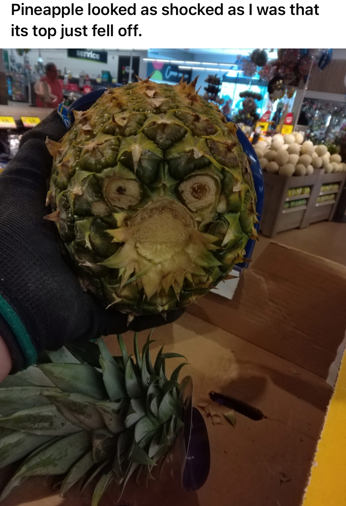 This pineapple looks like it just saw its own life flash before its eyes after its head fell off