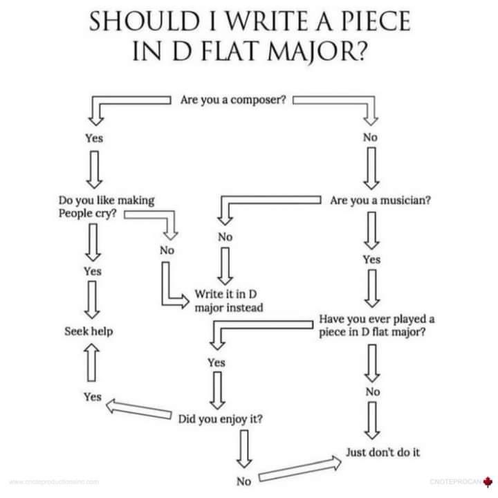 This flowchart basically says write in D major unless you want everyone to suffer, then seek help.