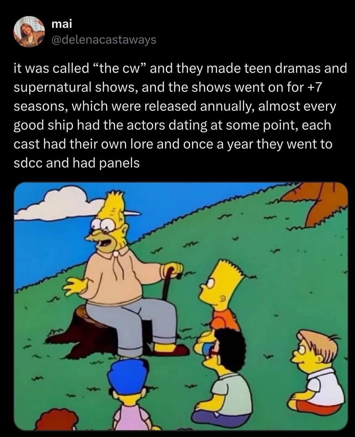 Simpsons characters listening to Abe describe the chaotic history of The CW