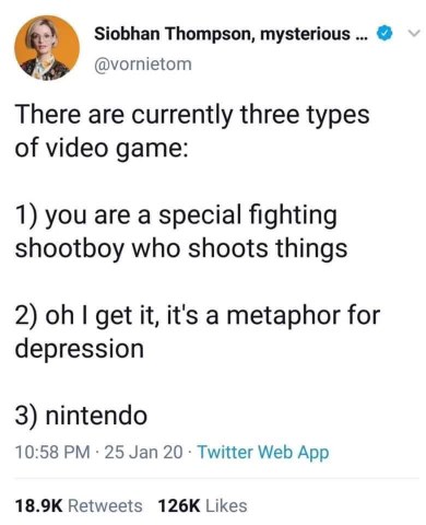 My brain categorizing video games for a math test: shooty games, sad games, or Nintendo.