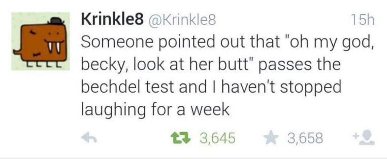 lol it's true, that Sir Mix-a-Lot lyric actually passes the Bechdel test...