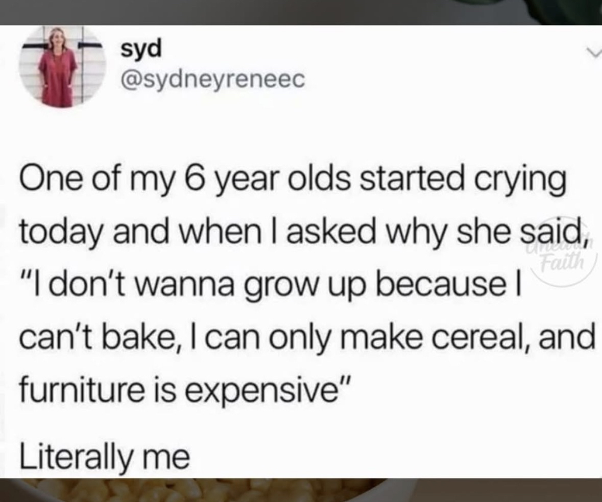 This 6 year old is me and I don't want to grow up either because baking is hard and furniture is expensive.