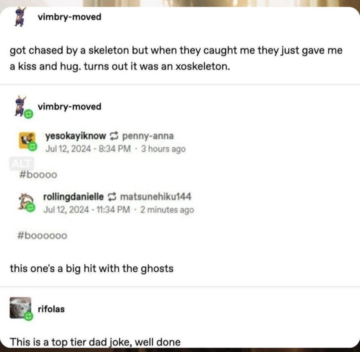 Someone made a skeleton pun and everyone lost their minds... or maybe their bones?