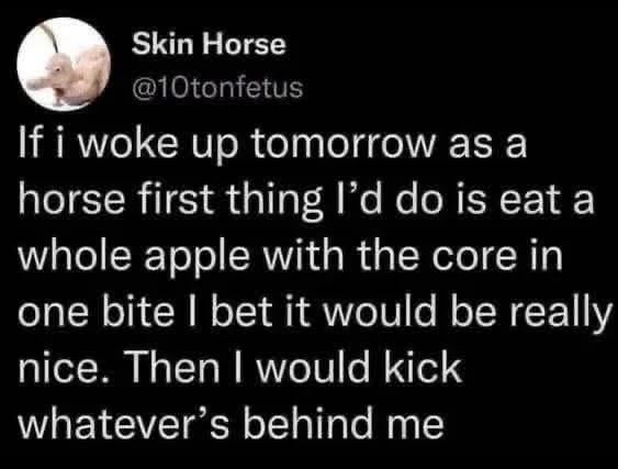 Imagine waking up as a horse and your first thought is to eat a whole apple with the core, then immediately kick something.