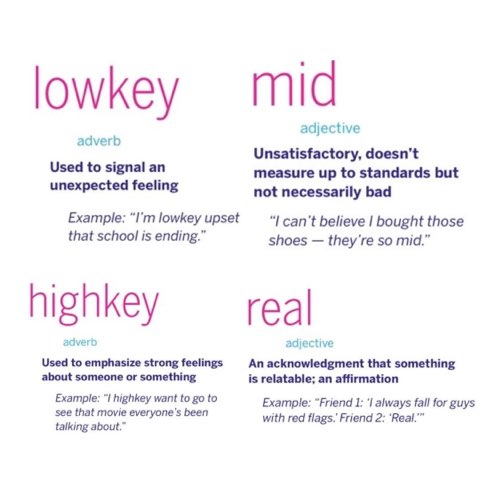 TIL how to use words like lowkey, mid, highkey, and real correctly, not gonna lie.