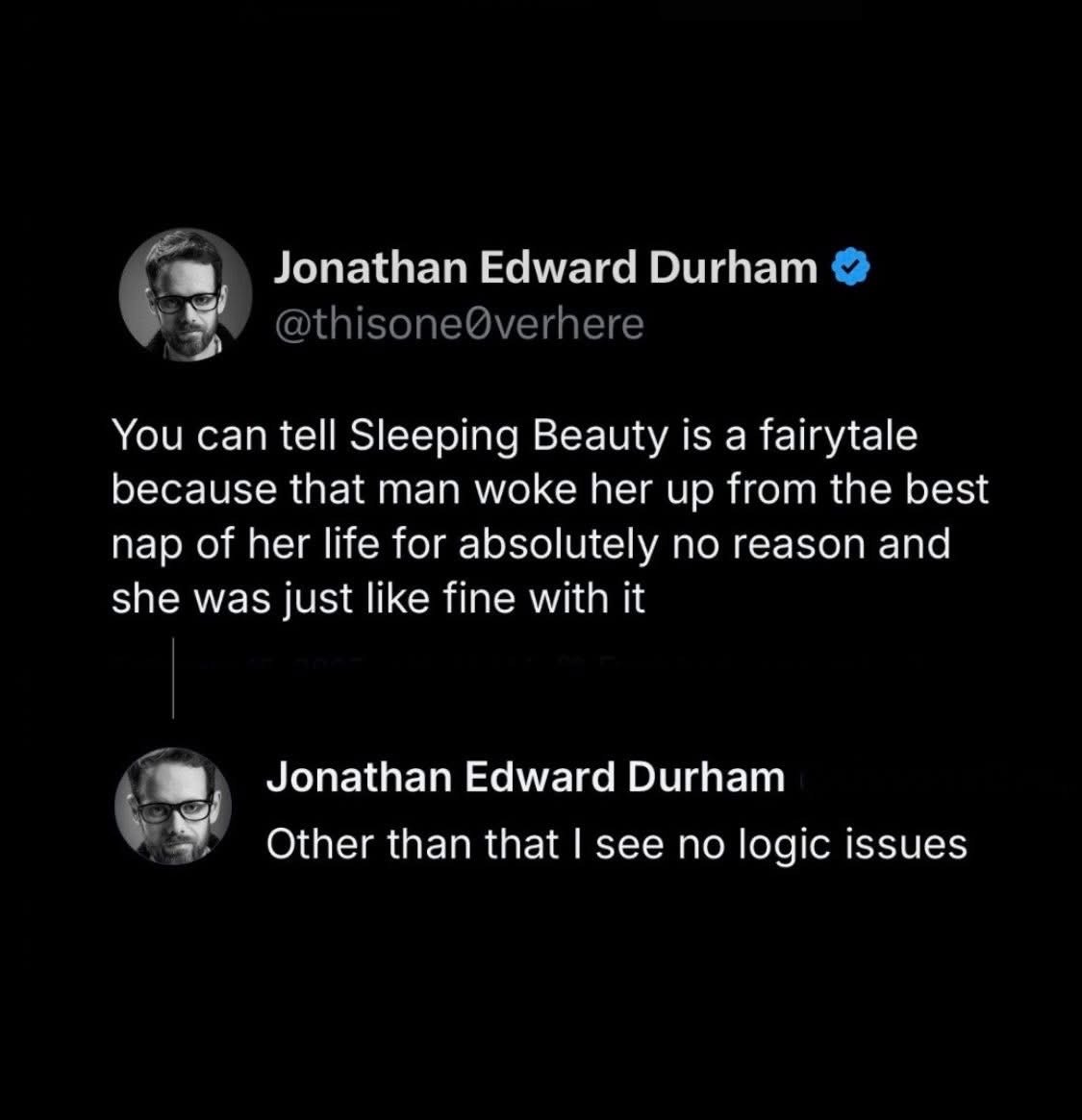 LMAO this guy pointing out the real plot hole in Sleeping Beauty is just saying 'no logic issues' after.